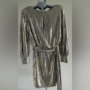 New Vince Camuto Shimmering Silver-Gold Long Sleeve Belted Mini Dress